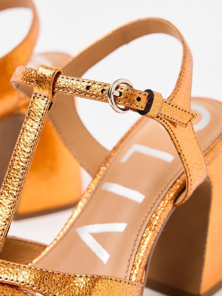Oliver Bonas Metallic T-Bar Flared Heeled Sandals - Image 5 of 7