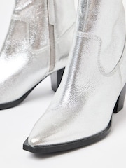 Oliver Bonas Silver Leather Western Cowboy Heeled Boots - Image 6 of 7