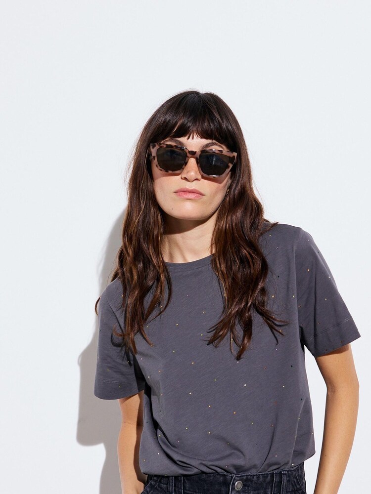 Oliver Bonas Grey Sparkly Rhinestone Short Sleeve 100% Cotton T-Shirt - Image 1 of 8 Oliver Bonas Grey Sparkly Rhinestone Short Sleeve 100% Cotton T-Shirt - Image 1 of 8