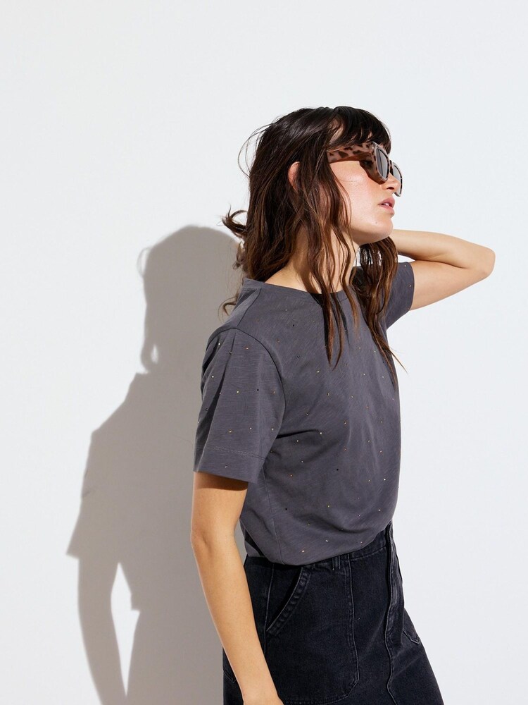 Oliver Bonas Grey Sparkly Rhinestone Short Sleeve 100% Cotton T-Shirt - Image 2 of 8 Oliver Bonas Grey Sparkly Rhinestone Short Sleeve 100% Cotton T-Shirt - Image 2 of 8