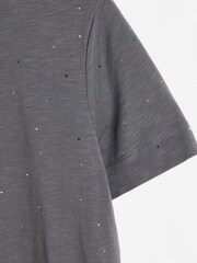 Oliver Bonas Grey Sparkly Rhinestone Short Sleeve 100% Cotton T-Shirt - Image 6 of 8