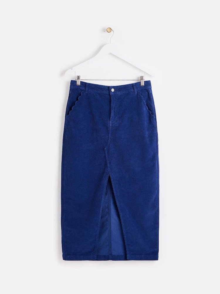 Oliver Bonas Blue Scalloped Pocket Corduroy Midi Skirt - Image 1 of 6 Oliver Bonas Blue Scalloped Pocket Corduroy Midi Skirt - Image 1 of 6