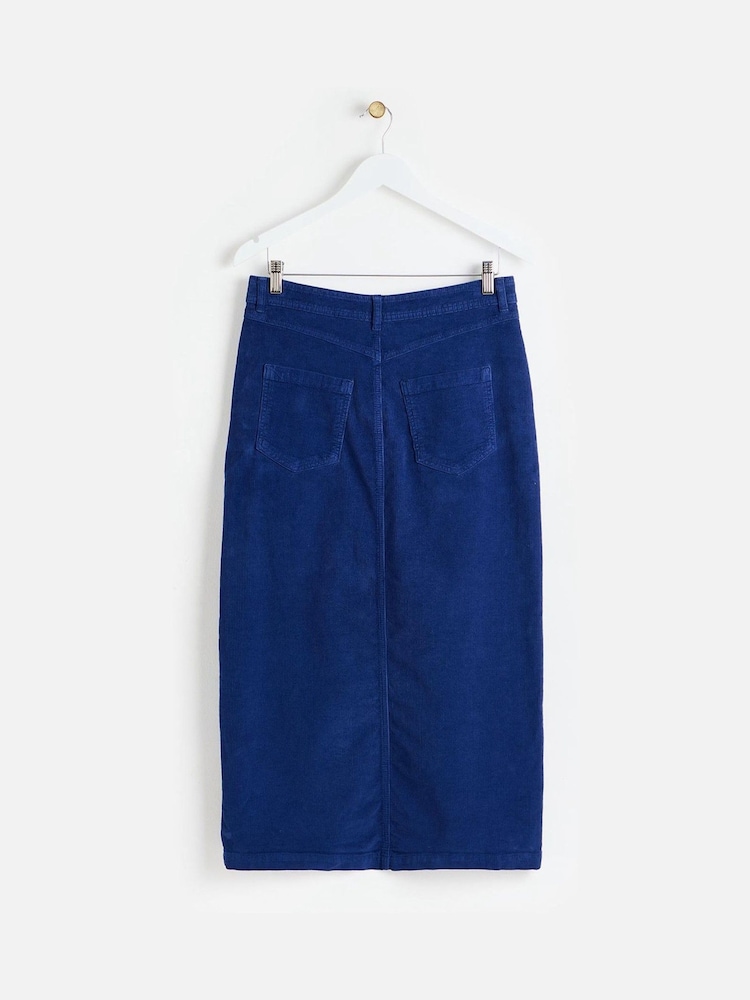 Oliver Bonas Blue Scalloped Pocket Corduroy Midi Skirt - Image 2 of 6 Oliver Bonas Blue Scalloped Pocket Corduroy Midi Skirt - Image 2 of 6