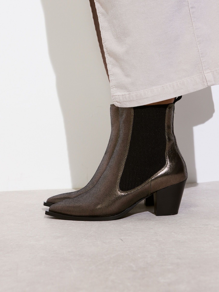 Oliver Bonas Brown Pewter Elastic Metallic Western Cowboy Heeled Boots - Image 2 of 8