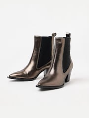 Oliver Bonas Brown Pewter Elastic Metallic Western Cowboy Heeled Boots - Image 4 of 8