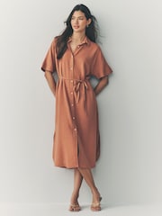 Terracotta Brown Short Sleeve Tie Waist Midi Dress with Linen - Image 1 of 4
