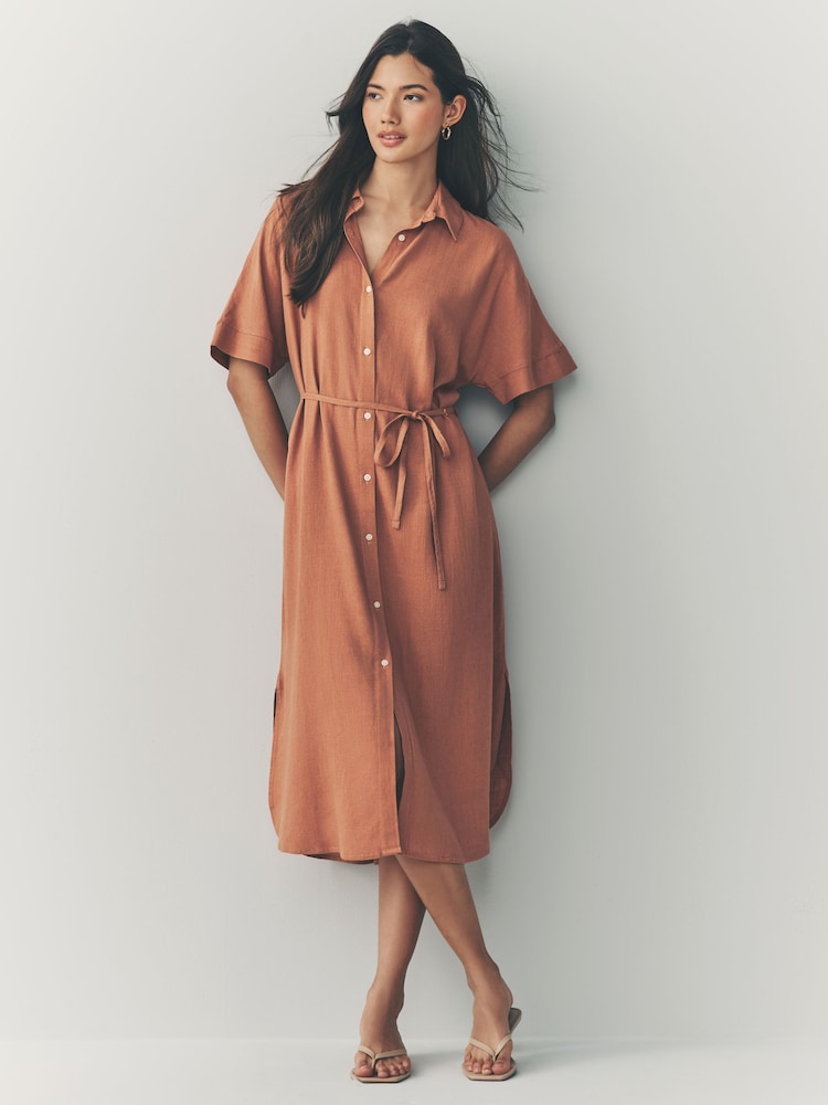 Terracotta Brown Short Sleeve Tie Waist Midi Dress with Linen - Image 1 of 4