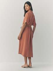 Terracotta Brown Short Sleeve Tie Waist Midi Dress with Linen - Image 3 of 4