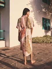 Cream Palm Print Short Sleeve Tie Waist Midi Dress with Linen - Image 2 of 7