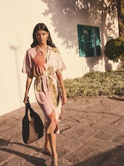 Cream Palm Print Short Sleeve Tie Waist Midi Dress with Linen - Image 3 of 7