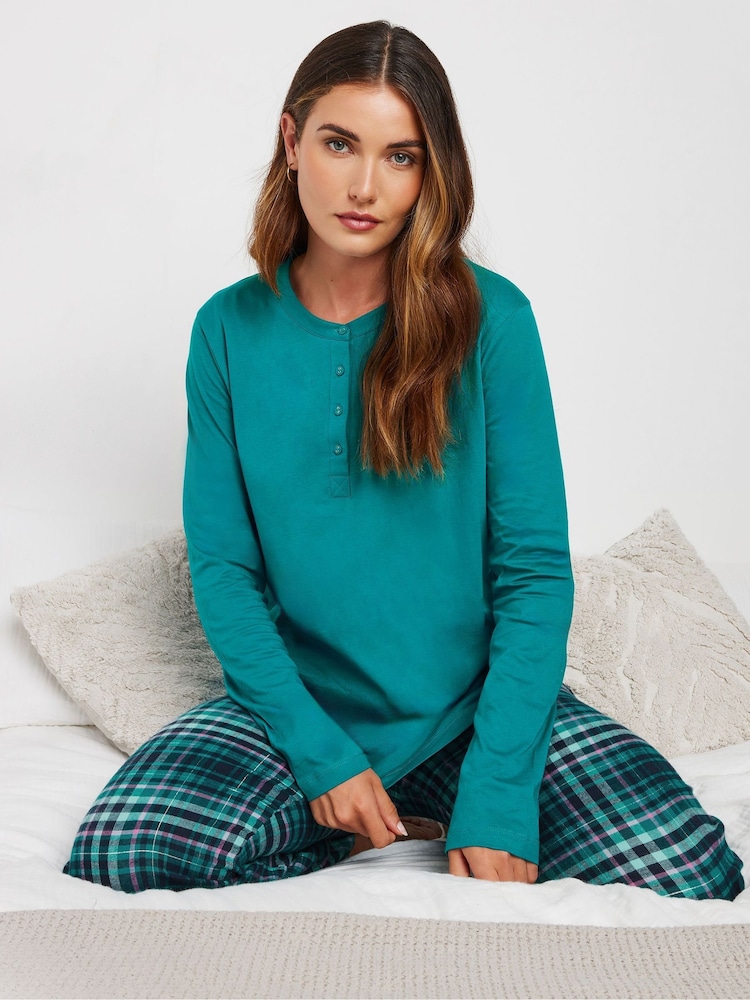 Long Tall Sally Green Long Sleeve Placket PJ 100% Cotton Top - Image 1 of 5