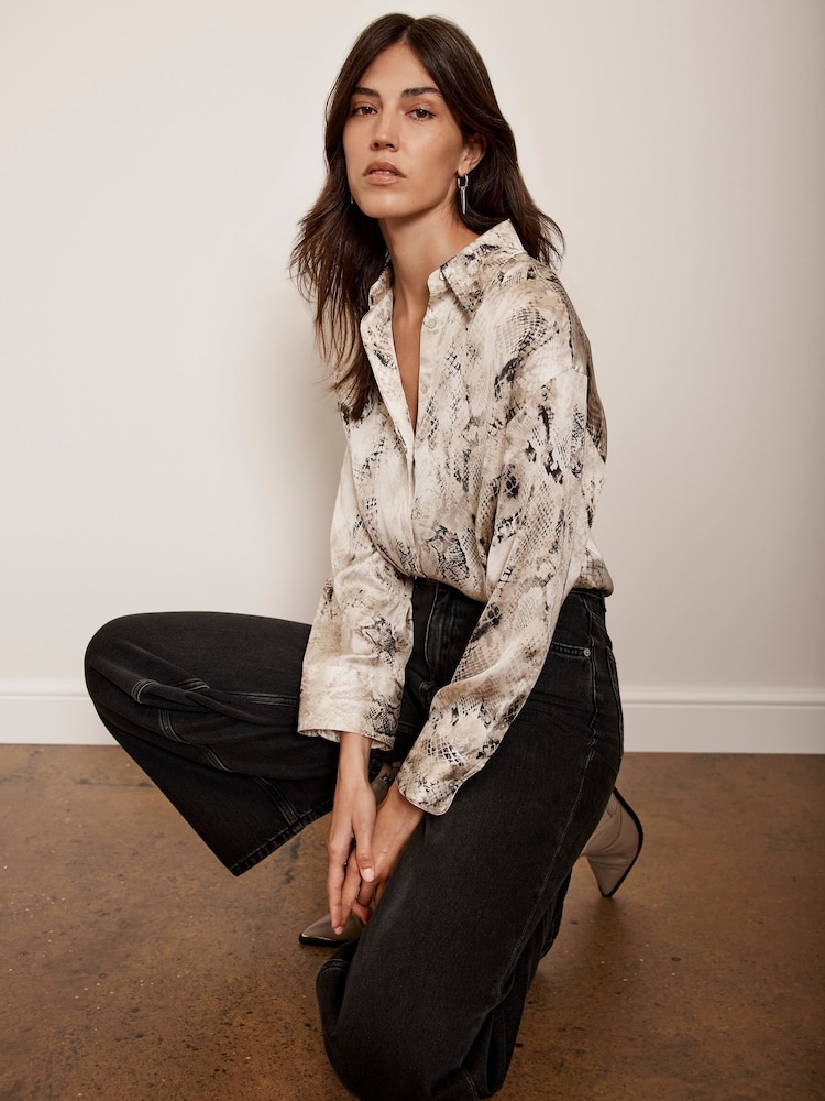 Mint Velvet Cream Snake Effect Print Satin Shirt - Image 1 of 4 Mint Velvet Cream Snake Effect Print Satin Shirt - Image 1 of 4