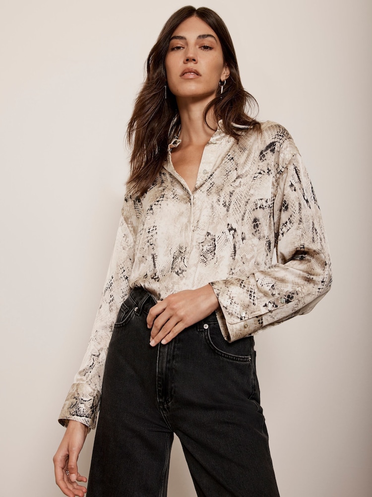 Mint Velvet Cream Snake Effect Print Satin Shirt - Image 2 of 4 Mint Velvet Cream Snake Effect Print Satin Shirt - Image 2 of 4