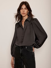 Mint Velvet Grey Satin Puff Sleeve Shirt - Image 1 of 4