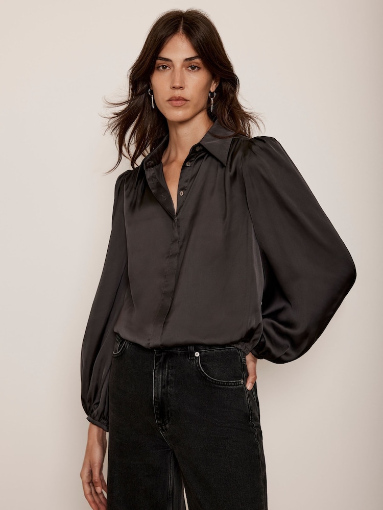 Mint Velvet Grey Satin Puff Sleeve Shirt - Image 1 of 4