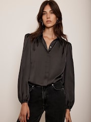 Mint Velvet Grey Satin Puff Sleeve Shirt - Image 2 of 4