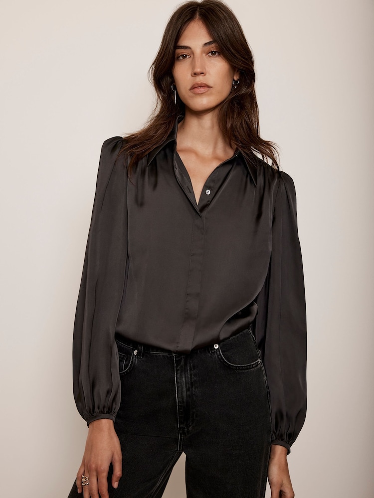 Mint Velvet Grey Satin Puff Sleeve Shirt - Image 2 of 4