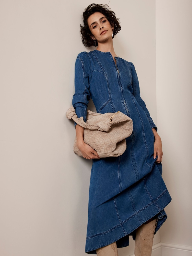 Mint Velvet Blue Indigo Puff Sleeve Denim 100% Cotton Midi Dress - Image 1 of 4