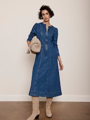 Mint Velvet Blue Indigo Puff Sleeve Denim 100% Cotton Midi Dress - Image 2 of 4