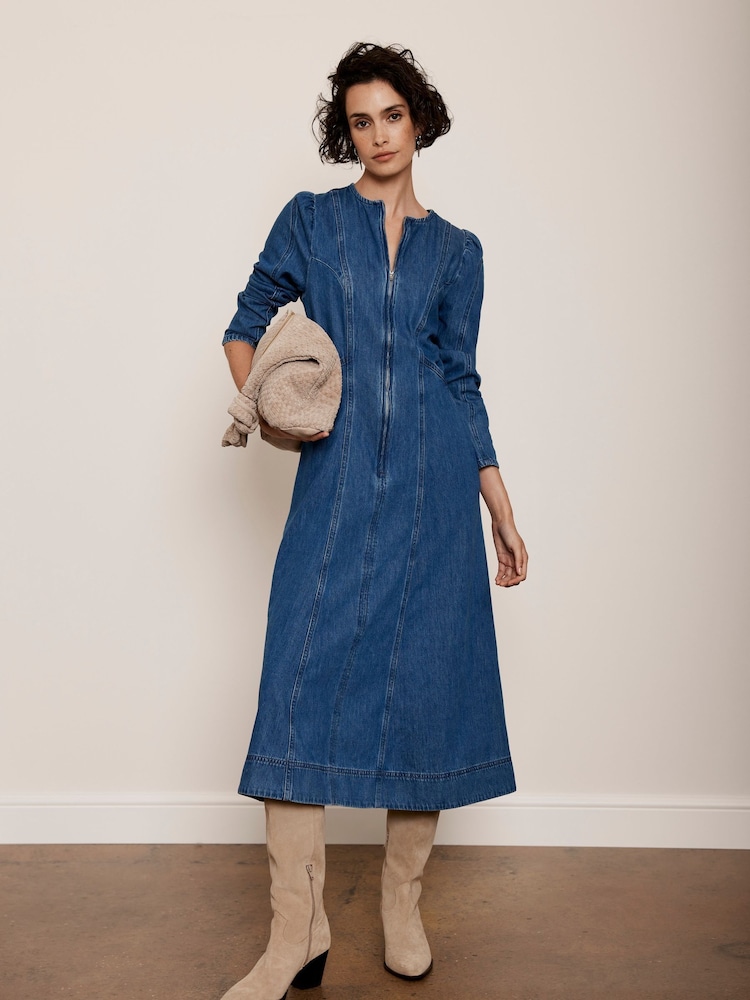 Mint Velvet Blue Indigo Puff Sleeve Denim 100% Cotton Midi Dress - Image 2 of 4