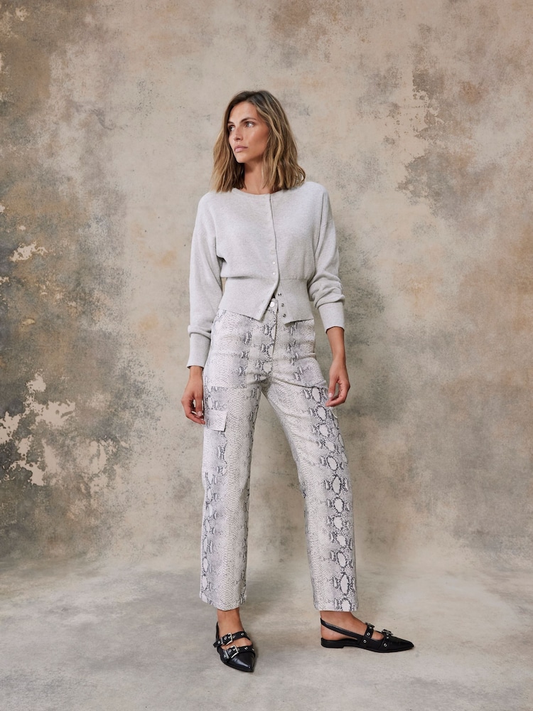 Mint Velvet Cream Snake Effect Print Cargo Straight Jeans - Image 1 of 4