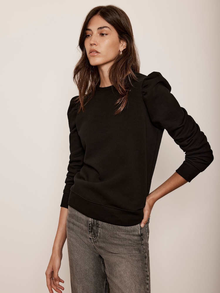 Mint Velvet Black Black Puff Sleeve Sweatshirt - Image 1 of 4