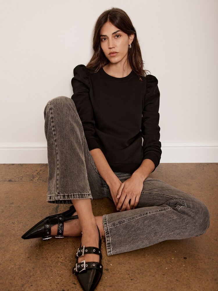 Mint Velvet Black Black Puff Sleeve Sweatshirt - Image 2 of 4