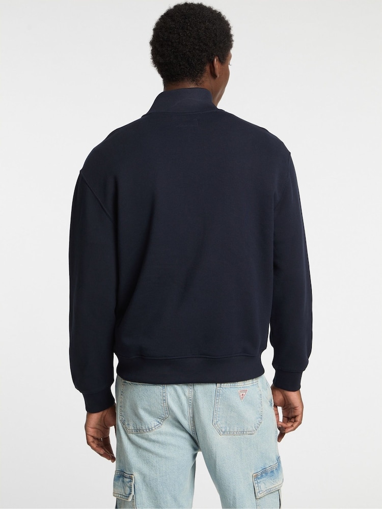 Guess Jeans Navy Logo Half Zip 100% Cotton Jumper - Image 2 of 7