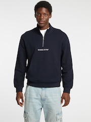Guess Jeans Navy Logo Half Zip 100% Cotton Jumper - Image 3 of 7