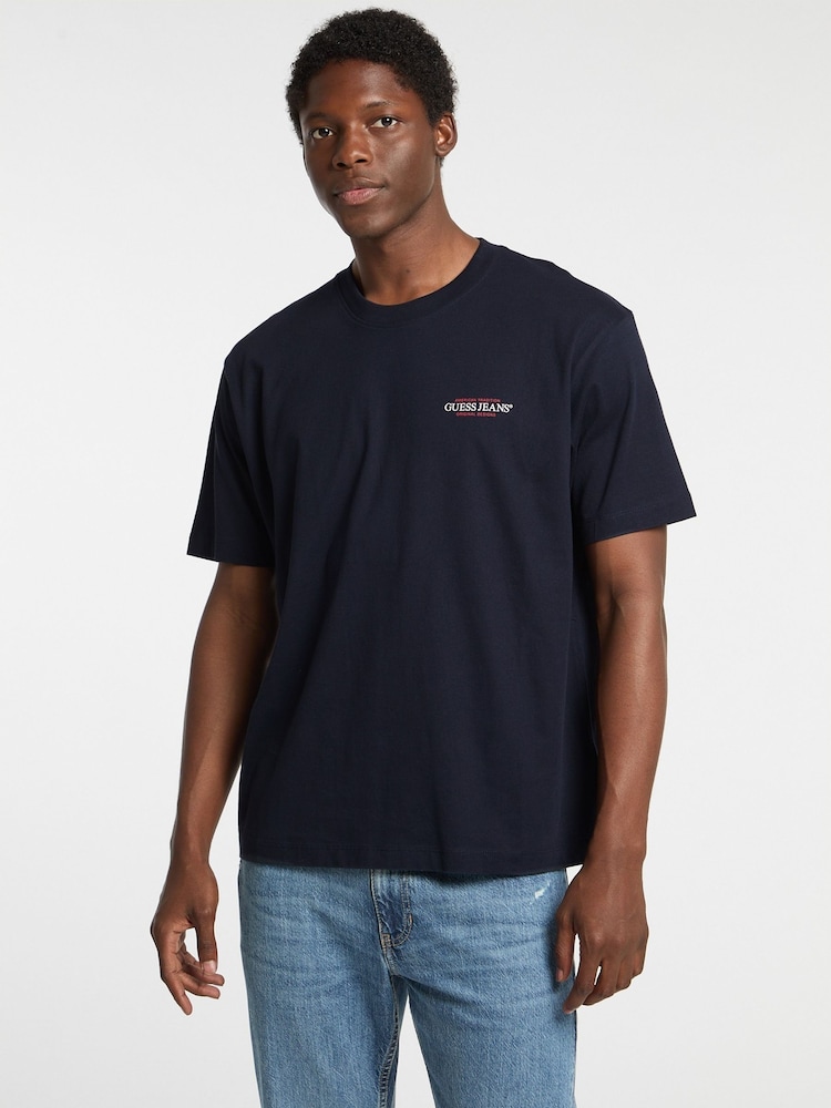 Guess Jeans Navy Back Print Graphic Logo 100% Cotton T-Shirt - Image 1 of 6