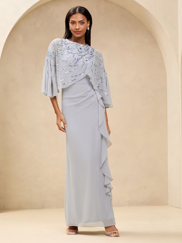 Lipsy Silver Embellished Floral Trim Cape Maxi Dress - Image 1 of 4
