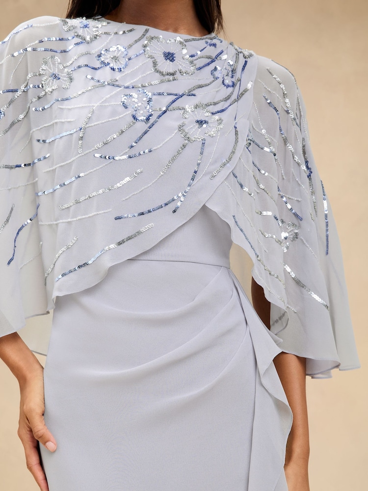 Lipsy Silver Embellished Floral Trim Cape Maxi Dress - Image 2 of 4