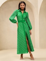 Lipsy Green Belted Long Sleeve Lace Maxi Shirt Dress - Image 1 of 4