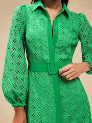 Lipsy Green Belted Long Sleeve Lace Maxi Shirt Dress - Image 2 of 4