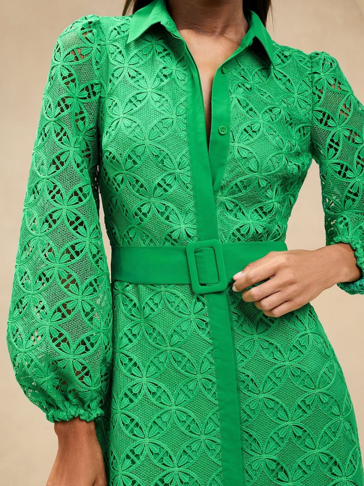 Lipsy Green Belted Long Sleeve Lace Maxi Shirt Dress - Image 2 of 4