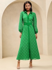Lipsy Green Belted Long Sleeve Lace Maxi Shirt Dress - Image 3 of 4