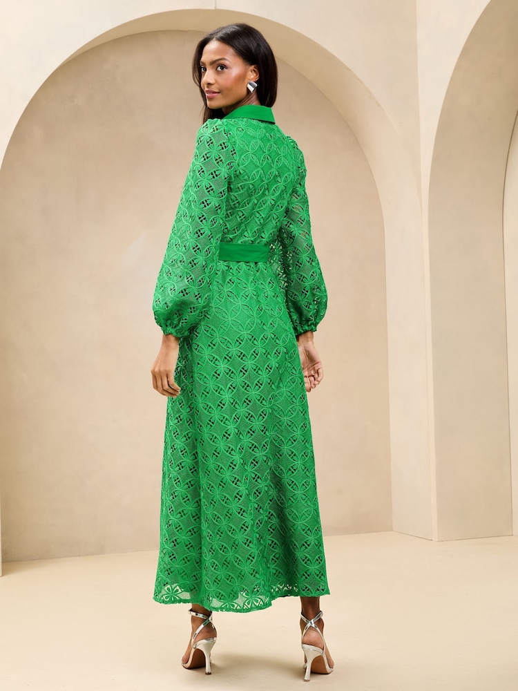 Lipsy Green Belted Long Sleeve Lace Maxi Shirt Dress - Image 4 of 4