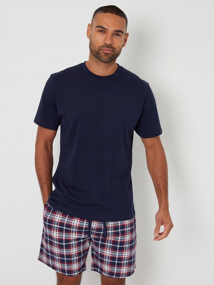 Threadbare Blue Brushed 100% Cotton Flannel Check Lounge Shorts 2 Pack - Image 3 of 5