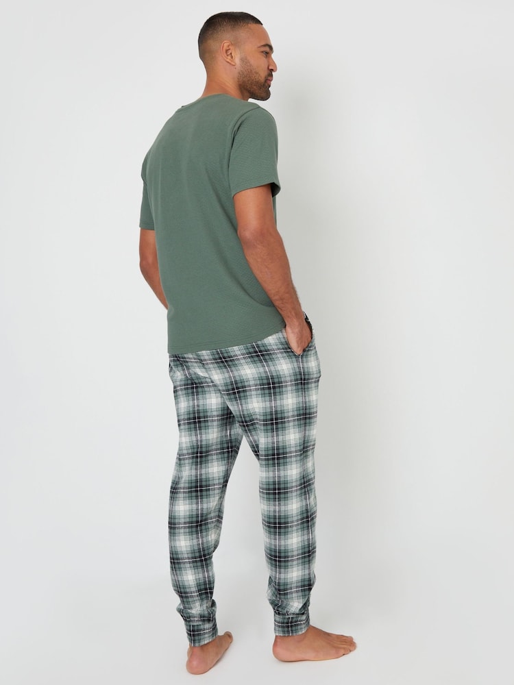 Threadbare Green Blend Textured Short Sleeve 100% Cotton Check Pyjamas Set - Image 2 of 4