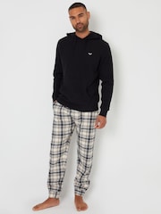 Threadbare Black/ Ecru Hoodie and Check Pant Pyjama Set - Image 1 of 4