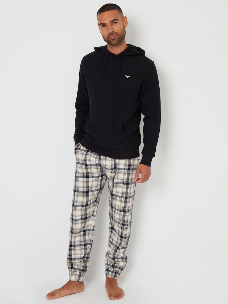 Threadbare Black/ Ecru Hoodie and Check Pant Pyjama Set - Image 1 of 4