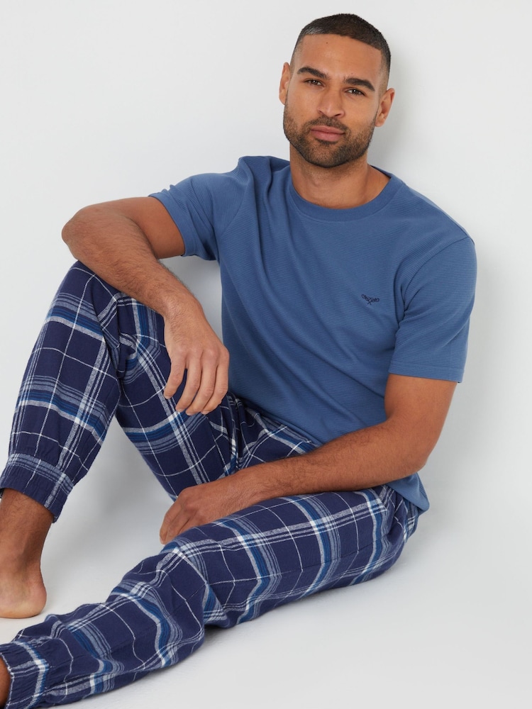 Threadbare Light Blue Blend Textured Short Sleeve 100% Cotton Check Pyjamas Set - Image 3 of 4