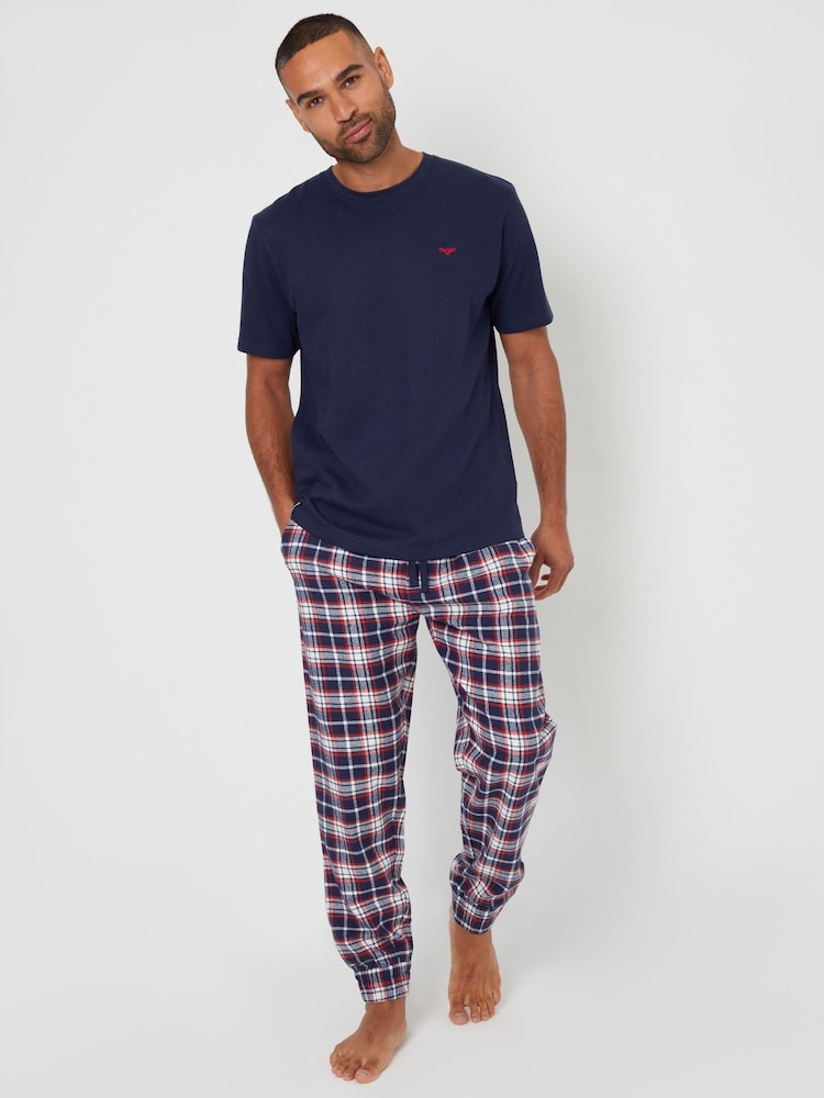 Threadbare Blue Blend Textured Short Sleeve 100% Cotton Check Pyjamas Set - Image 1 of 4