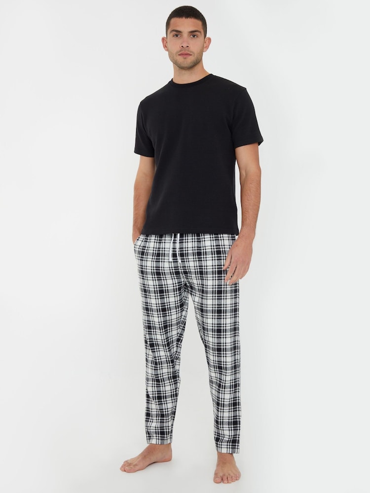 Threadbare Black Brushed 100% Cotton Flannel Check Lounge Bottoms 2 Pack - Image 3 of 4