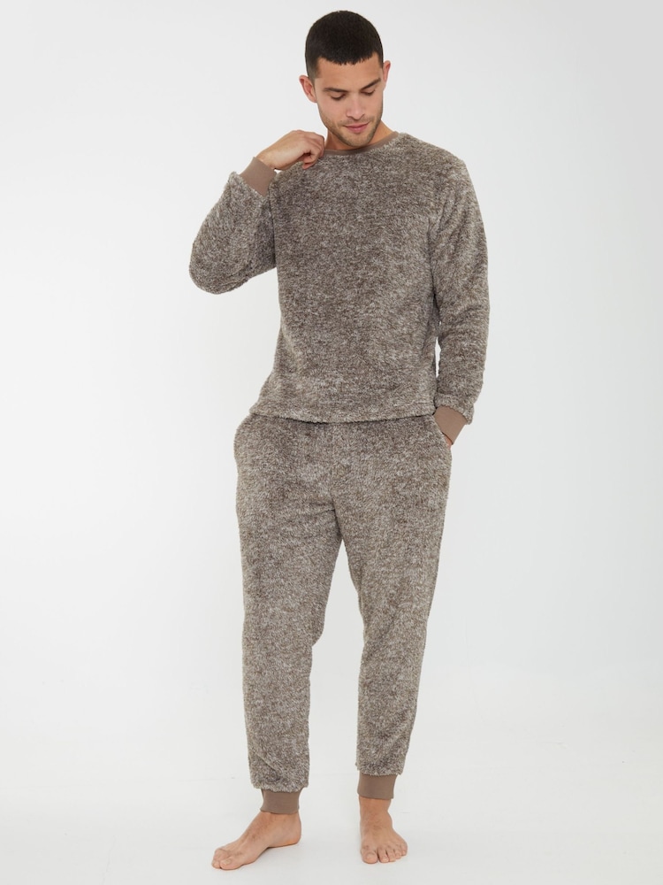 Threadbare Brown Two Tone Teddy Fleece Loungewear Set - Image 1 of 4 Threadbare Brown Two Tone Teddy Fleece Loungewear Set - Image 1 of 4