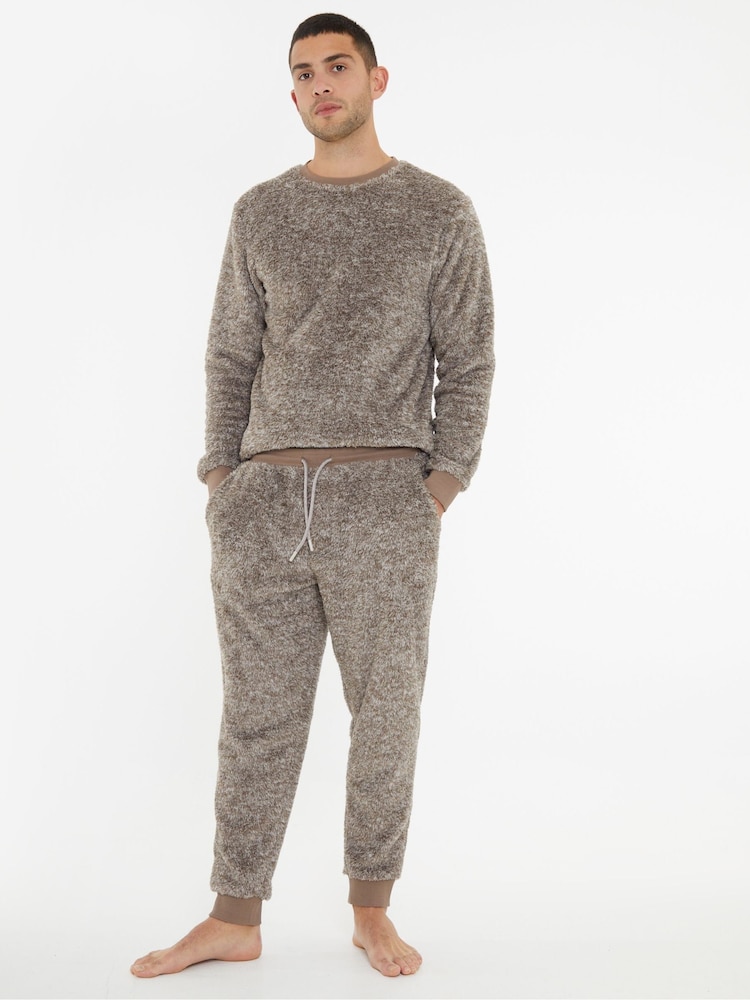Threadbare Brown Two Tone Teddy Fleece Loungewear Set - Image 4 of 4
