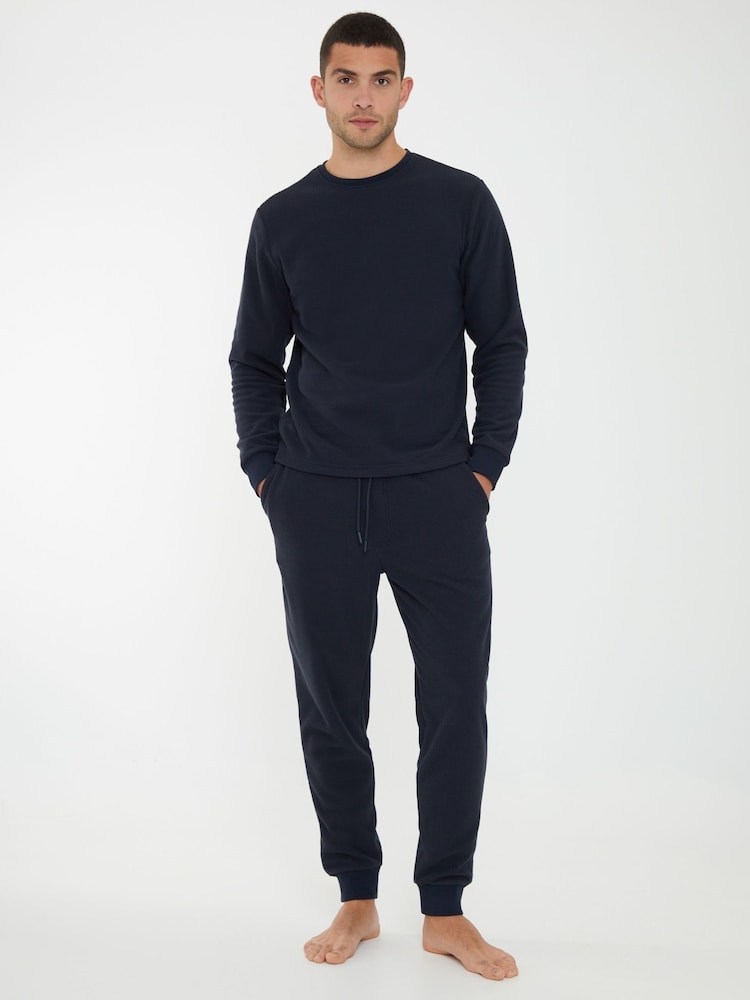 Threadbare Blue Waffle Textured Fleece Loungewear Set - Image 1 of 4