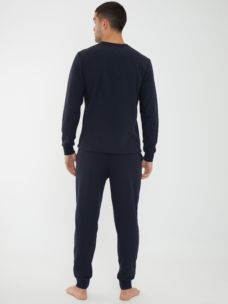Threadbare Blue Waffle Textured Fleece Loungewear Set - Image 2 of 4