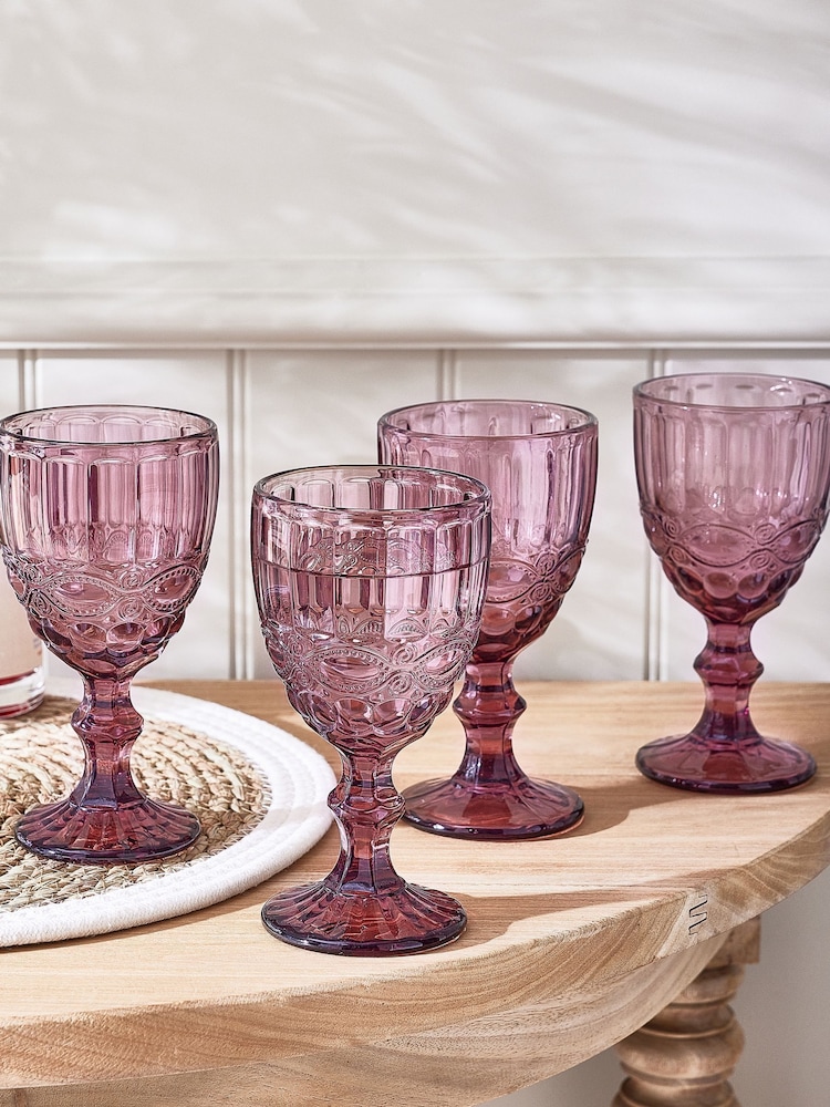Dibor Set of 4 Pink Aurielle Embossed Wine Glasses - Image 1 of 4