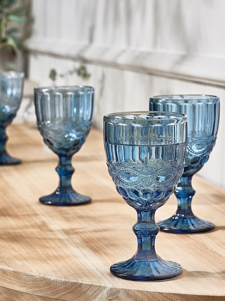 Dibor Set of 4 Blue Aurielle Embossed Wine Glasses - Image 1 of 5